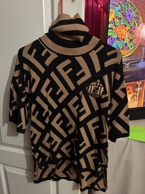 Fendi Black & Tan FF Logo Turtleneck Short Sleeve Knit